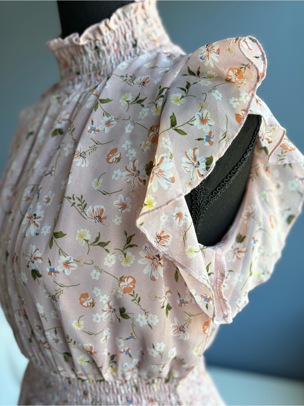 MELLODAY Pink Floral Smocked Maxi Dress with Ruffle Shoulders - Picture 12 of 16